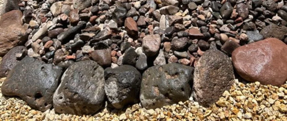 A rock landscape in Las Cruces, NM, using various rock types, colors, and sizes.