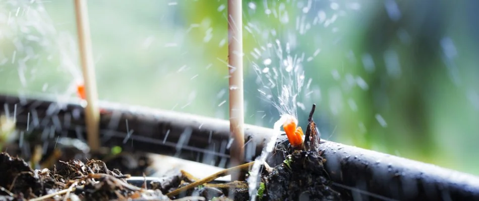 Drip irrigation system releasing water for landscape in Alamogordo, NM.