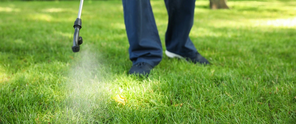 Professional applying fertilizer to a commercial lawn in El Paso, TX.