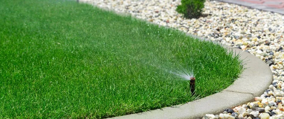 A sprinkler irrigation system watering a lawn.