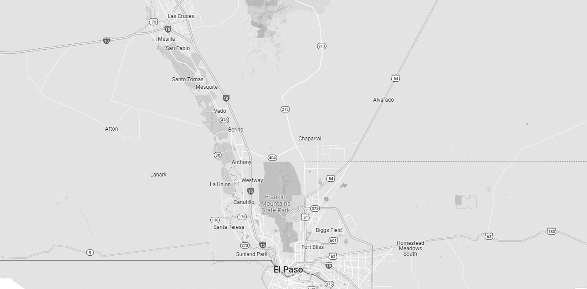 Las Cruces, NM and El Paso, TX area map.